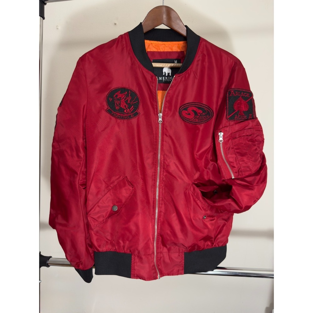 American stitch Red lightweight Bomber Jacket with black embroidered patches